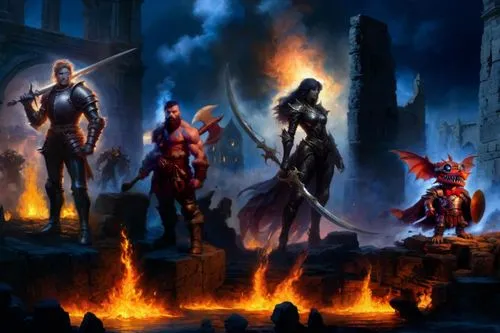 Colloseum full of fire and smoke and burning goblins 1986 fantasy painting,an image of an old - fashioned game with different characters,ravenloft,dragonlance,eberron,neverwinter,mordenkainen,conclave