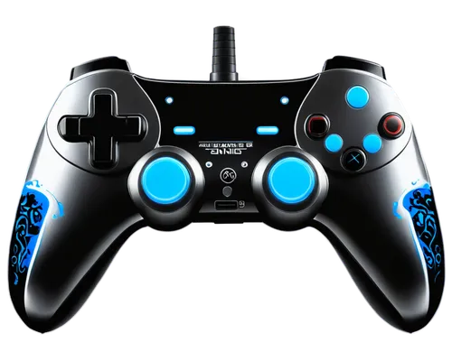 Controller silhouette, gaming theme, futuristic design, sleek lines, metallic material, black and silver color scheme, glowing blue accents, ergonomic grip, dual analog sticks, directional pad, button