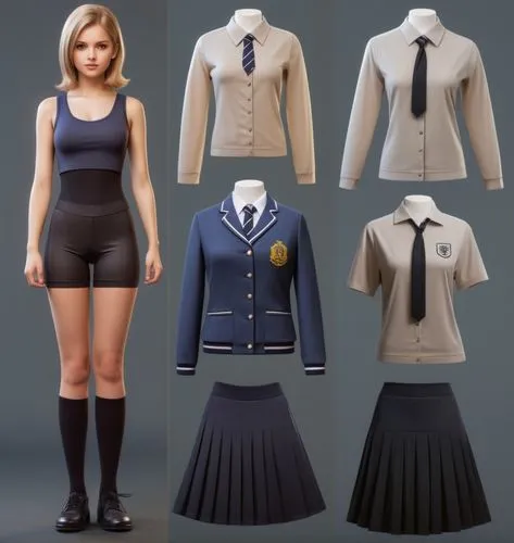 Paper doll British 16 year old schoolgirl in black sleeveless shirt ,black tight fit spandex shorts with black sock and black shoe standing surrounded by with a set of british school uniform, shirt, g