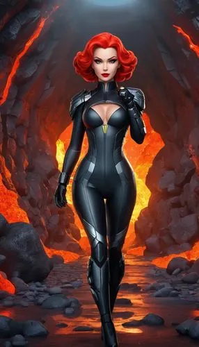 Realistic photo of a model with bold, dramatic makeup, smoky eyes, and red lips.,a female in black widow suit and a helmet in the dark,madelyne,black widow,demona,giganta,flamebird,firestar,Unique,3D,