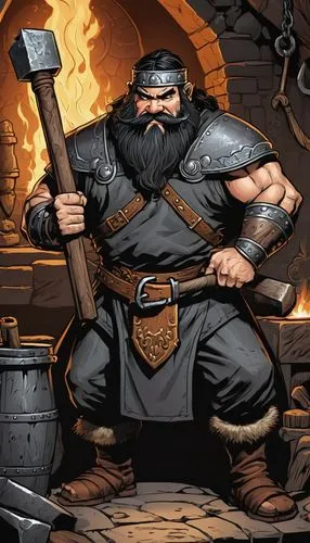 A  2D-comic portrait of a black-haired dwarf king wielding a blacksmith hammer in a forge. He is adorned in viking paraphernalia.,Dwarf King,dwarf cookin,blacksmith,gimli,barbarian,dwarven,volstagg,Il