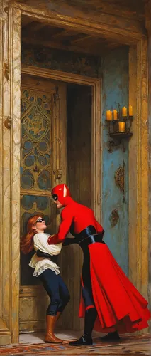 Create a suspenseful moment where Mrs. Incredible saves her family from a dangerous situation.,dervishes,red riding hood,matador,the pied piper of hamelin,little red riding hood,danse macabre,dispute,