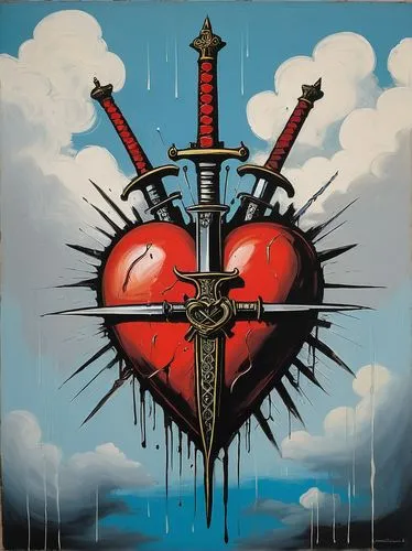 illustrated in the style of George Biddle, symbol of the heart pierced with three swords, one of the swords is upright, the other is from the right, the other is from the left, pierced the heart, ther