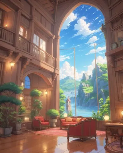 dandelion hall,sky apartment,studio ghibli,ghibli,dreamhouse,livingroom,sylvania,background design,living room,lobby,sitting room,radiosity,great room,ornate room,arenanet,beautiful home,wooden beams,maplestory,3d fantasy,inglenook,Anime,Anime,Traditional