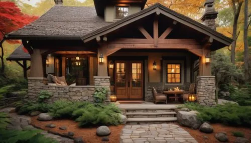 Craftsman style architecture, woodsy tone, earthy color palette, rugged stone foundation, sloping roof, dormer windows, wooden trusses, exposed beams, cozy porch, lantern-style lighting, natural texti