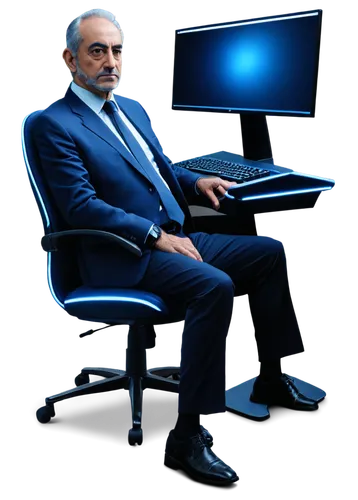 Navy blue, futuristic computer, sleek design, glowing neon lights, high-tech details, metallic surface, reflective screen, keyboard and mouse, ergonomic chair, mature man, serious expression, dim ligh