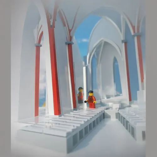 SP+A style architecture, Rendered in style of lego,white temple,ice castle,thatgamecompany,voxel,lowpoly,lego background,hall of the fallen,voxels,monastery,archways,pilgrimage,low poly,tirith,mausole