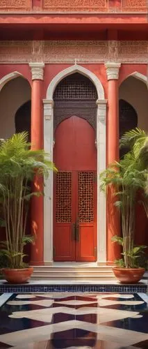 Modern Bu Architecture, grand entrance, intricately carved wooden doors, golden ornaments, majestic pillars, ornate roof tiles, vibrant red walls, serene courtyard, lush greenery, tranquil water featu