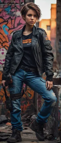 female protagonist, Ava, short hair, determined expression, casual outfit, jeans, leather jacket, action pose, Tripp, male sidekick, messy hair, stubble, graphic t-shirt, cargo pants, supportive stanc