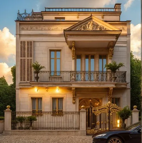 a black car is parked outside of an ornate building,mansion,palladianism,ritzau,bendemeer estates,villa,luxury home,villa balbiano,villa cortine palace,camondo,luxury property,palazzina,montpellier,pa