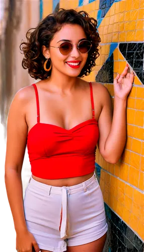 Cuban girl, retro swimsuit, vintage sunglasses, curly brown hair, bright red lipstick, golden earrings, bronze skin, beach towel wrapped around waist, posing on a colorful tile wall, Havana street, wa