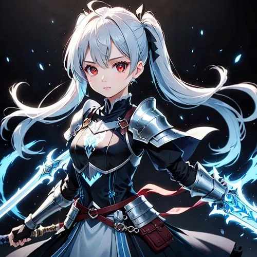 a female warrior character in a fantasy style. The character has pale, almost white skin and striking red eyes. Her hair is long, flowing, and light blue, styled into two high ponytails with glowing t