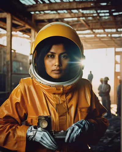 john woo style Cinematic closeup, Indian Woman architect wearing spacesuit gazing at the camera holding a set square, fantastic llighting, back light projector, orange and yellow, construction site sc