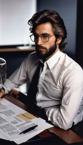 Survey scene, indoor setting, modern conference room, wooden table, leather chairs, laptop, papers, pens, water bottle, glasses, casual business attire, male researcher, 30s, beard, messy brown hair, 