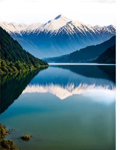 New Zealand, beautiful landscape, majestic mountain range, snow-capped peaks, lush green forest, serene lake, misty atmosphere, warm golden light, panoramic view, 3/4 composition, shallow depth of fie