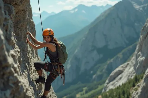 Create a realistic, cinematic image of a young woman with an athletic build climbing a steep mountain rock face. The scene is shot from a dynamic angle, slightly below and to the side of the climber, 