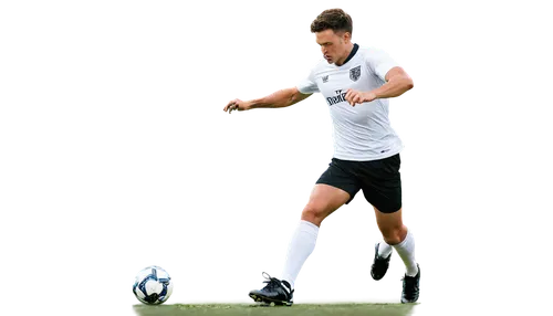 Male athlete, footballer, athletic build, muscular legs, green grass stadium, shiny soccer ball, white jersey, black shorts, sports shoes, dynamic pose, kicking action, intense facial expression, swea