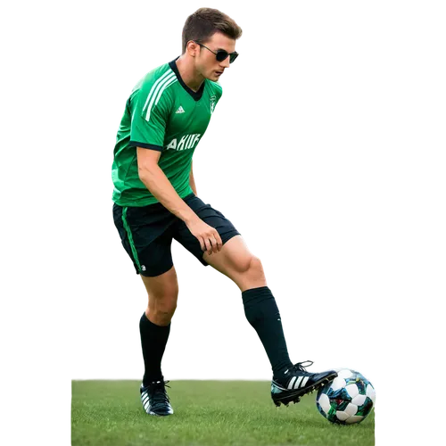 male football player, athletic build, muscular legs, dynamic pose, soccer ball at feet, bright green grass background, sweaty face, intense expression, messy short hair, sports sunglasses, Nike cleats