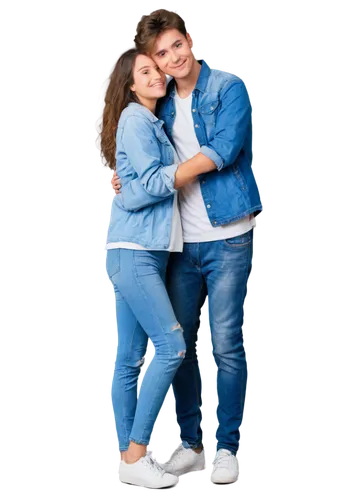 Romantic couple, embracing, love scene, warm lighting, soft focus, gentle smile, tender eyes, messy hair, casual wear, denim jacket, white T-shirt, ripped jeans, sneakers, cozy atmosphere, shallow dep