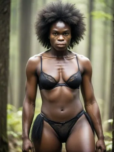 Ifunanya Aderinsola (female) from Nigeria in her hairy beauty. Her entire body is covered in hair like an ape-woman. She wears a simple black lingerie set. (Bra and thong panties).,a woman with very t