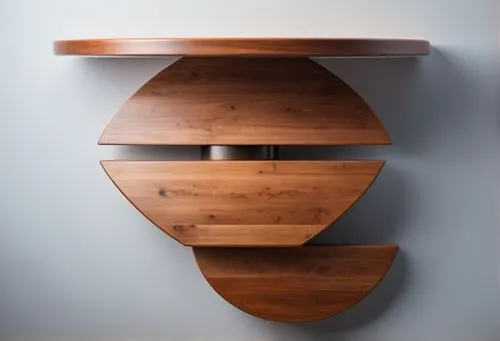 a round table made of wood and metal against a white background,a wooden sculpture on top of a wall with shelves,wooden shelf,wood mirror,wall lamp,wooden bowl,wooden desk,chest of drawers,Photography