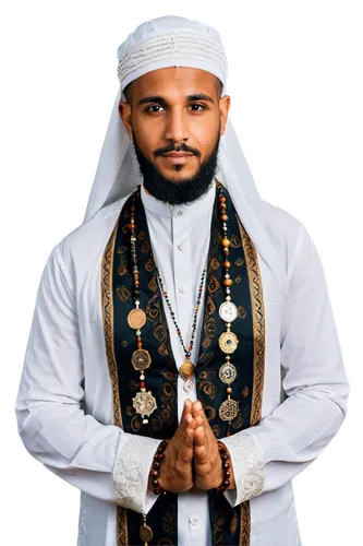 Muslim man, traditional attire, white thawb, Arabic patterns, Imam cap, beard, mustache, prayer beads, hands clasped together, serene expression, warm lighting, soft focus, 3/4 composition.,syedna,abd