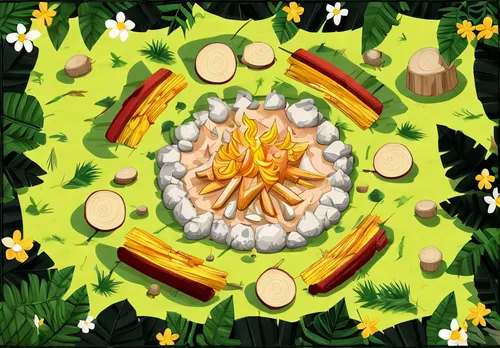 an artistic rendering of a fire pit in the middle of a park,wood daisy background,diwali background,spring leaf background,chrysanthemum background,sunburst background,round autumn frame,oktoberfest b