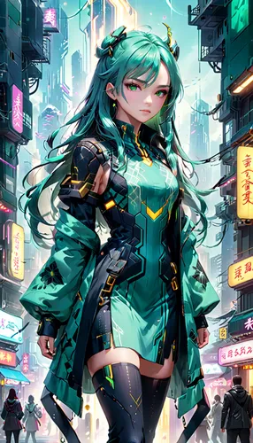 hatsune miku,miku,vocaloid,cyberpunk,cyber,shinjuku,shibuya,emerald,aqua,cyber glasses,android,transistor,cyberspace,hk,cyan,cybernetics,kayano,hong,tokyo city,scifi,Anime,Anime,General