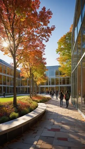 Campus scene, association of collegiate schools of architecture, modern university building, white columns, glass facade, green roof, courtyard, students walking, backpacks, laptops, architectural mod