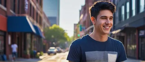 Young adult, male, 25yo, smiling face, bright eyes, short black hair, casual hairstyle, slight stubble, relaxed posture, hands in pockets, white graphic t-shirt, dark blue ripped jeans, brown leather 