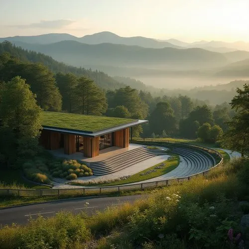 Rural landscape, performing arts center, modern architecture, glass facade, wooden accents, green roof, surrounded by rolling hills, dense forests, winding roads, scenic overlooks, outdoor amphitheate