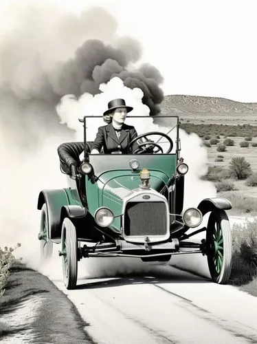 Pen drawing: Mrs. Clara Jane Ford is at the center of the action. She is driving a Ford (Model T) through a Texan landscape, its dark green paint reflecting the bright sunlight. The intricate details 