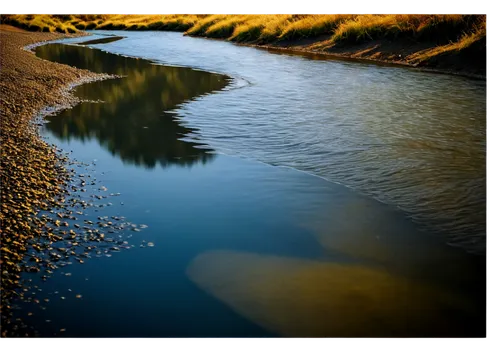 Stream, flowing water, natural scenery, serene atmosphere, gentle ripples, subtle waves, soft focus, dreamy quality, warm color tone, golden lighting, shallow depth of field, cinematic composition, bo