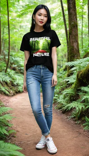 Design T-Shirt : A photo of a lush green forest with a winding path leading through it. The words "BEAUTIFUL NATURE" are written in a bold, white font across the top of the image.,fridays for future,t