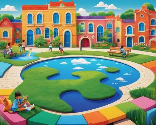 ravensburger,children's background,altiplano,parques,ecotopia,mexican painter,dubailand,smallworld,prekindergarten,rainbow world map,kindergarten,little world,ecovillages,school design,villaggio,fantasy world,children's playground,candyland,imaginationland,babyland,Illustration,Retro,Retro 26