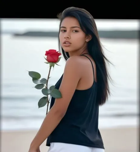 A tanned 18-year-old girl with straight black hair, she wears sneakers, a tank top and black shorts.  Lover holding a rose on the beach.,a beautiful asian woman holding a red rose in front of a body o