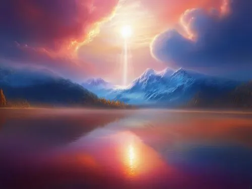 fantasy landscape,fantasy picture,world digital painting,the pillar of light,landscape background,mountain sunrise,space art,northen light,futuristic landscape,heaven lake,celestial,pillar of fire,hea