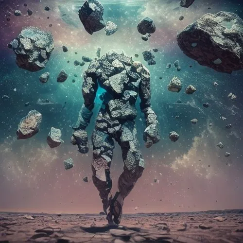 space rock shower, broken, gaps, resembles human being, legs, arms, head, nose, eyes, face, many clusters of rocks, dusty, granules. In space, Earth in background,pillars of creation,space art,alien p