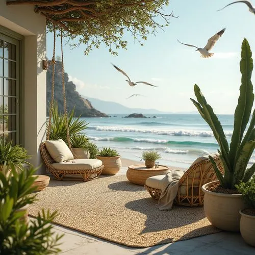 Coastal scenery, serene atmosphere, olive green accents, driftwood furniture, wicker beach chairs, natural fiber rugs, woven baskets, potted succulents, ocean view, calm waves, seagulls flying overhea