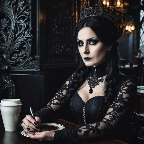 gothic fashion,gothic woman,gothic portrait,gothic dress,victorian lady,goth woman,dark gothic mood,gothic style,victorian style,gothic,whitby goth weekend,victorian,woman drinking coffee,crow queen,celtic queen,victoria smoking,goth whitby weekend,vampira,vampire woman,goth subculture,Illustration,Realistic Fantasy,Realistic Fantasy 46