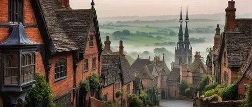 British architectural design, Victorian era, intricate stone carvings, ornate facades, Gothic spires, medieval-inspired turrets, red-brick walls, steeply pitched roofs, chimneys, flower-filled window 