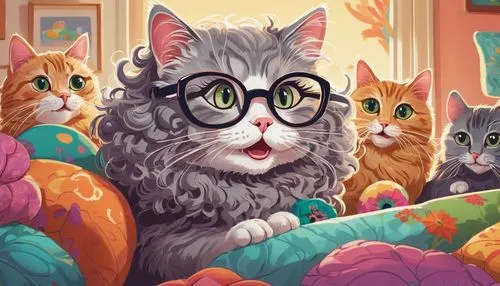 Crazy cat lady, cartoon style, colorful, bright eyes, curly grey hair, thick glasses, warm smile, multiple cats surrounding, playing, crawling on her, soft fur, whiskers, cat toys, scratching post, co