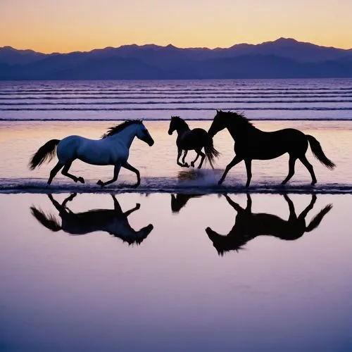 2 horses running in water with their reflection in it at sun set time,some horses are running down the beach,arabian horses,beautiful horses,wild horses,bay horses,white horses,equines,Photography,Doc