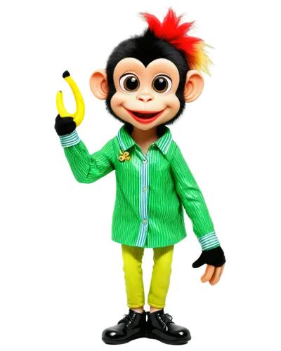 Cartoon monkey, holding banana, smiling face, bright big eyes, yellow fur, red lips, sitting posture, crossed legs, striped green shirt, white gloves, shiny black shoes, colorful background, soft focu