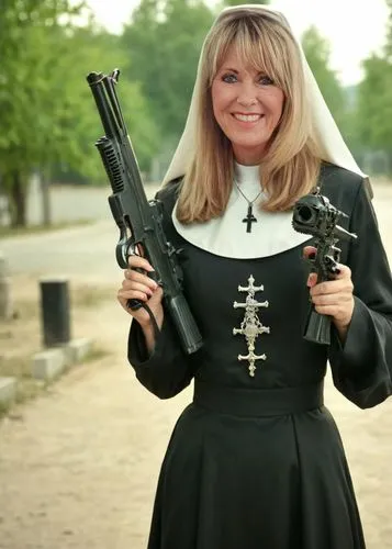 full body view of a horror nun with a very angry expression on her face, high heels and a machine gun in her hand . realistic photo view, 8k, ,kalashnikova,fraulein,woman holding gun,vorderman,prussia