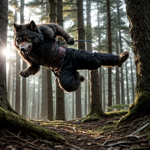 the ninja merging into the werewolf then fly up in the air,flying dog,werewolf,wolfman,werewolves,battōjutsu,wolfdog,stunt performer,flying dogs,digital compositing,rocket raccoon,wolverine,tamaskan d