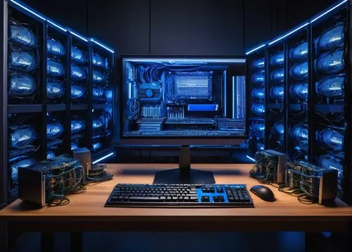 Advanced futuristic computer system architecture, sleek silver metallic framework, glowing blue LED lights, intricate circuit boards, wires and cables neatly organized, multiple high-performance CPUs,