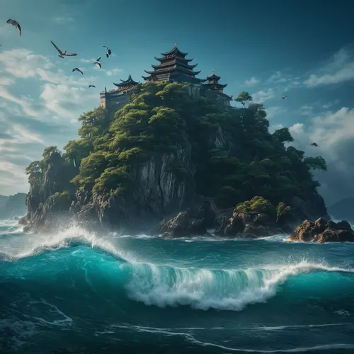 Jingwei，sea,photography,clean background trending,fantasy landscape,japanese waves,islet,japan landscape,world digital painting,sea landscape,an island far away landscape,fantasy picture,japanese back