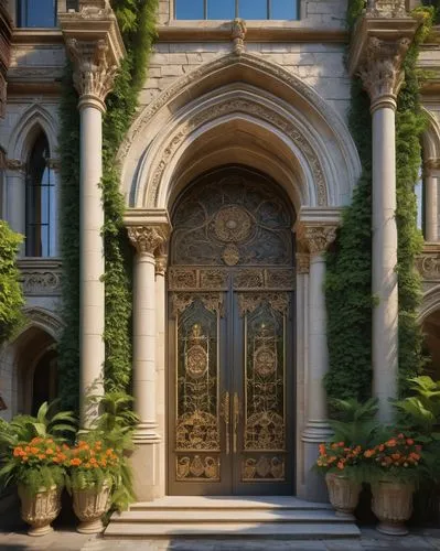 Ancient European-style building, grandiose entrance, ornate stone veneer facade, intricate carvings, Gothic arches, towering columns, luxurious gold accents, majestic bronze doors, surrounding lush gr