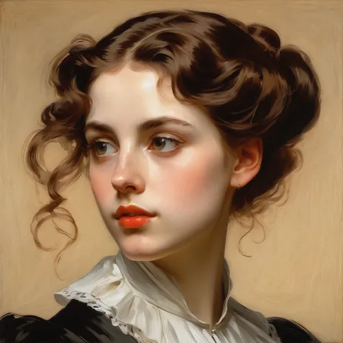 A young woman with a confident expression in John Singer Sargent style

,portrait of a girl,bouguereau,girl portrait,franz winterhalter,victorian lady,young woman,bougereau,portrait of a woman,vintage